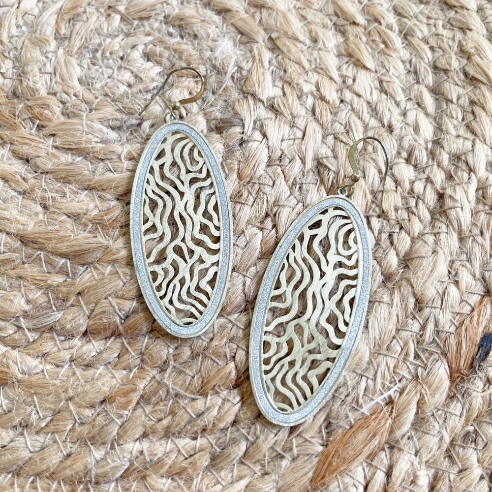 Gold Tone Filigree Oval Drop Earrings with Silver Glitter Border Boho Statement